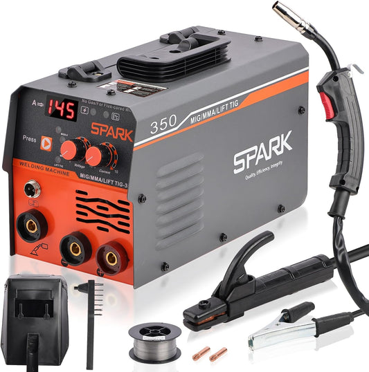 MIG350 lasapparaat met continue draad zonder gas, 120 A, 230 V, synergie elektrode 3-in-1 MIG/ARC/LIFT TIG IGBT inverter lasapparaat met draad 0,8 mm, lasmasker MIG