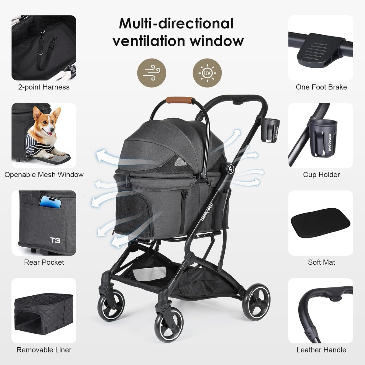 T3 Huisdier kinderwagen 3-in-1 hond kat kinderwagen voor kleine middelgrote honden en katten, opvouwbare lichte puppykinderwagen huisdier huisdier Gear reizen hondenwagen (zwart)