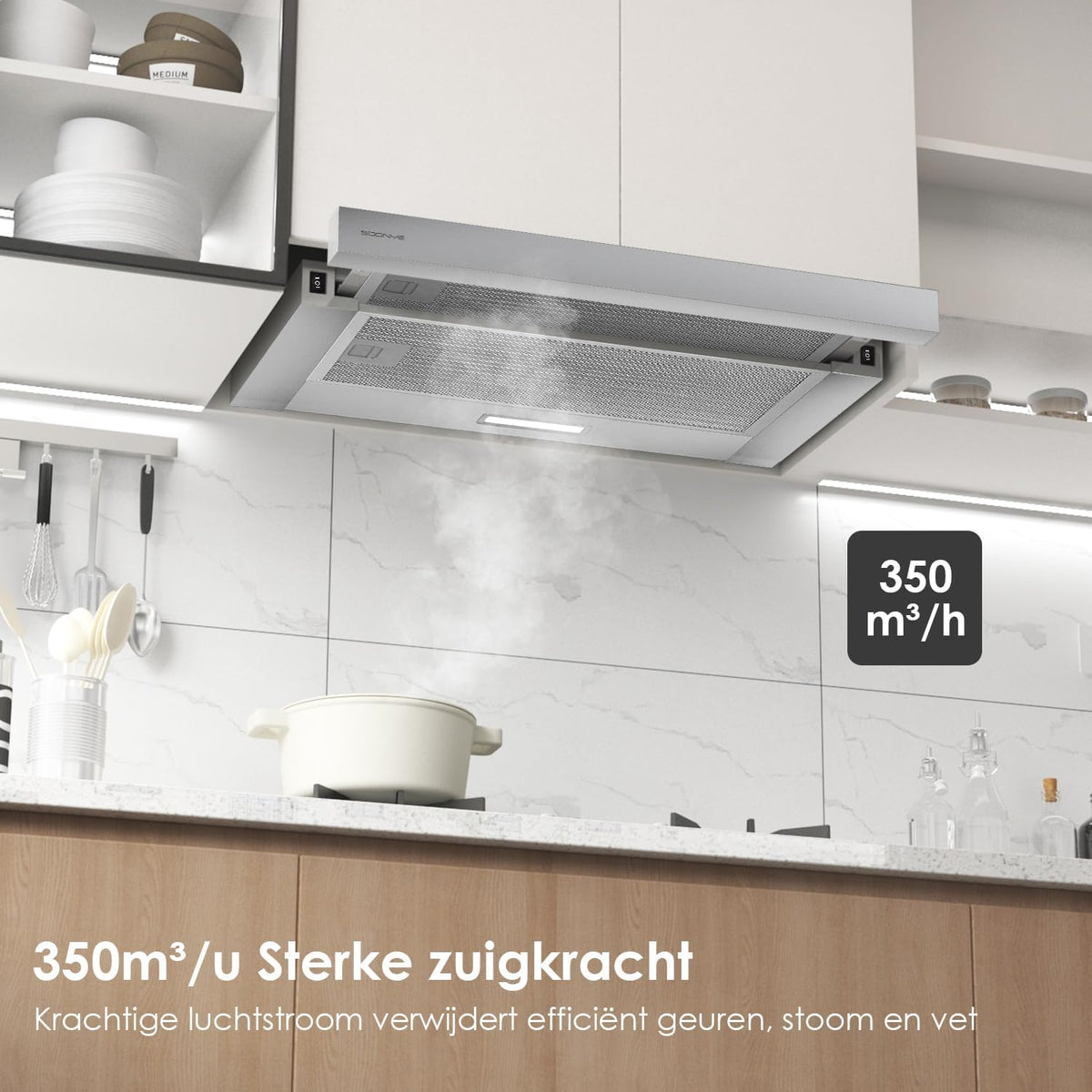 Telescopische afzuigkap 60cm 350m³/h Inbouw Afzuigkap 600mm met LED Licht 2 Snelheden Geïntegreerde Keuken Afzuigkap Ventilator