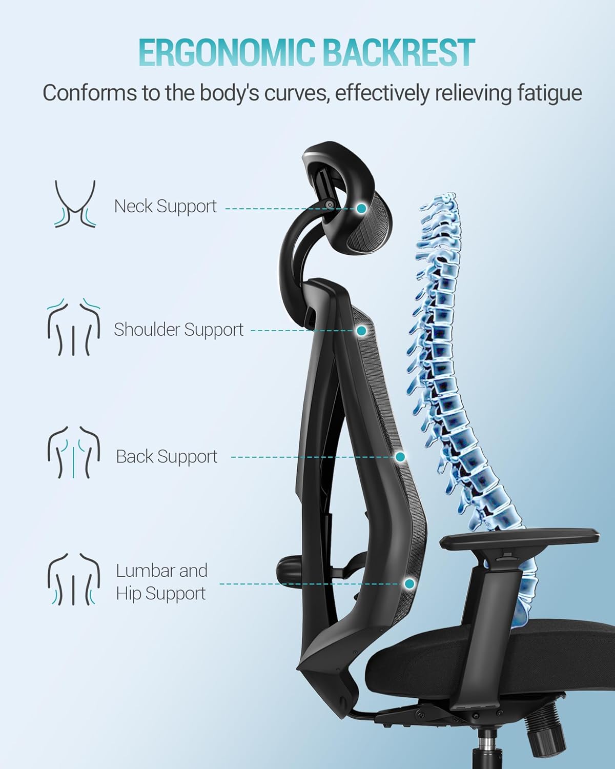 Hzuaneri Ergonomic Office Chair, Computer Chair, Swivel Chair, with Adjustable Lumbar Support, Headrest and Armrests, Back Protection, Maximum Load Capacity 150 kg, Black ON00299B