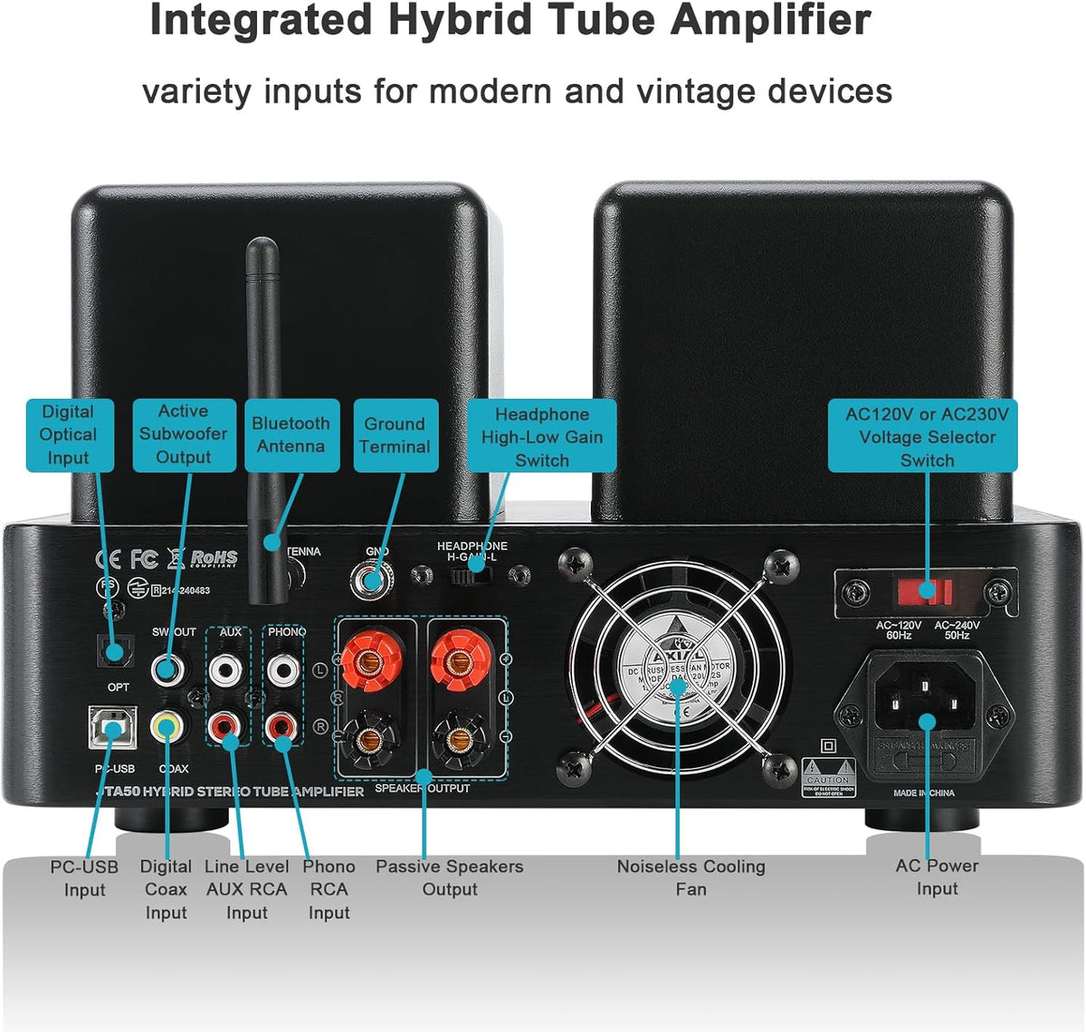 JTA50 2025 130 W buisversterker, hifi-versterker van instapklasse met BT 5.0, afstandsbediening, AUX, coax, phono en USB-ingang, subwoofer-uitgang, 2.1-kanaal voor platenspeler