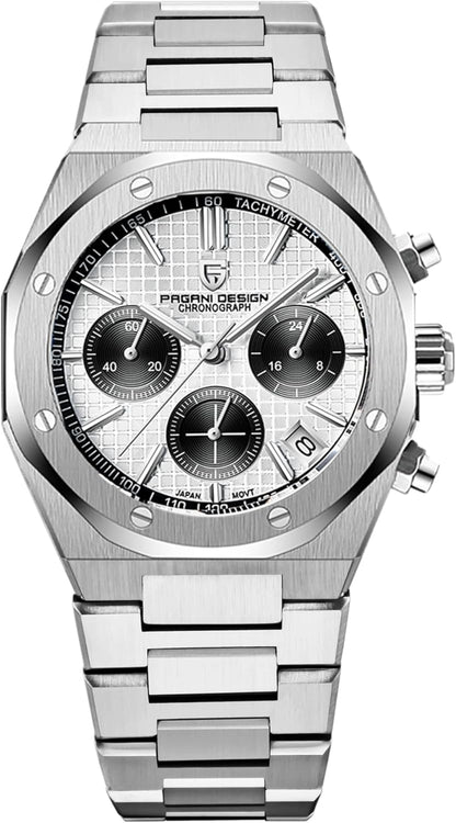 Pagani Design horloges voor heren, Japans kwarts VK63, roestvrijstalen chronograaf polshorloge, saffierspiegel, 200 m waterdicht, 1707, Wit