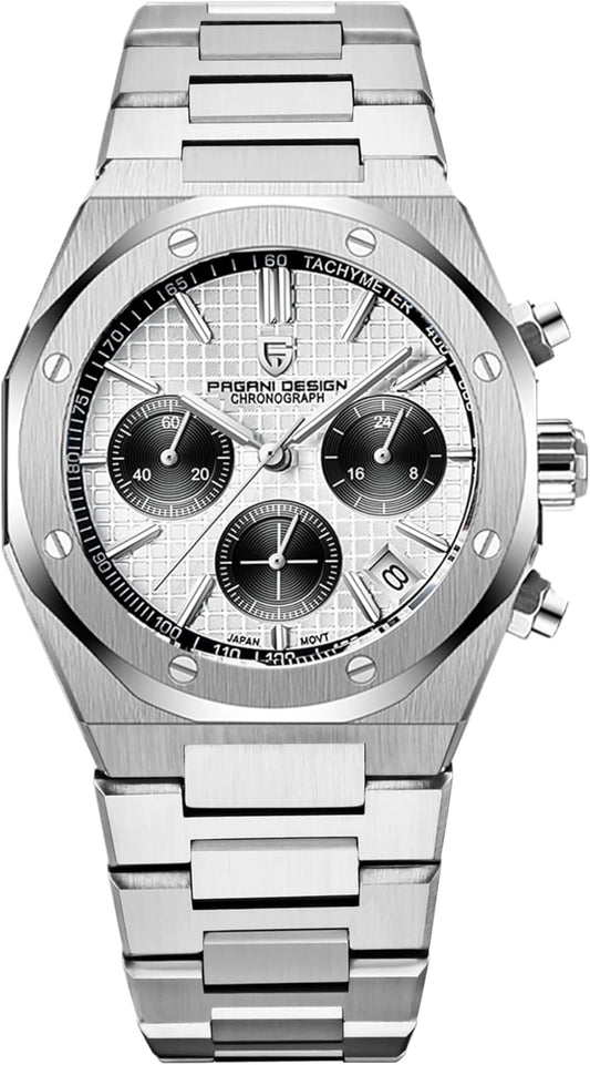 Pagani Design horloges voor heren, Japans kwarts VK63, roestvrijstalen chronograaf polshorloge, saffierspiegel, 200 m waterdicht, 1707, Wit
