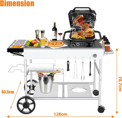 GFTIME 128 x 64 x 78 cm grillwagen serveerwagen voor Weber Q-serie, Ninja Woodfire, pizzaoven, tafelgrill, grilltafel met groot werkblad, outdoor serveerwagen tuin trolley