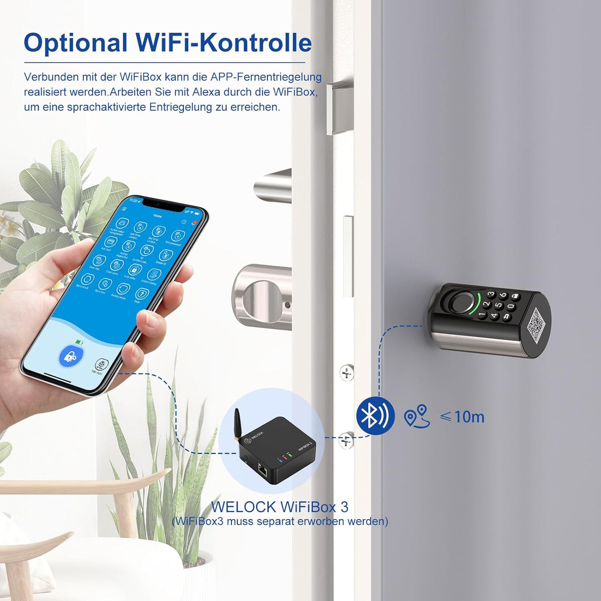 WELOCK T71 Deurslot, vingerafdruk, elektronisch deurslot, code, met RFID-kaart, app, wifi, vingerafdrukslot, huisdeur, IP65, slim deurslot, sluitcilinder voor deuren van 50-100 mm, Smart Lock