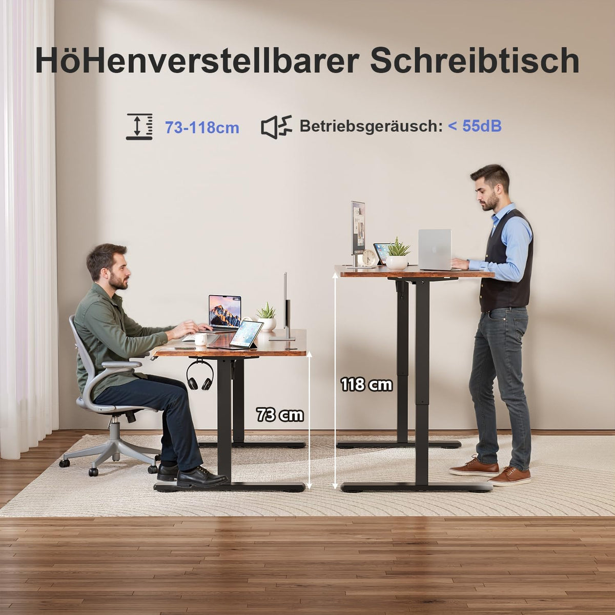 JUMMICO In hoogte verstelbaar bureau, compleet tafelblad, elektrisch bureau, in hoogte verstelbaar met geheugenfunctie, state-tafel, computertafel, 140 x 60 cm, bruin