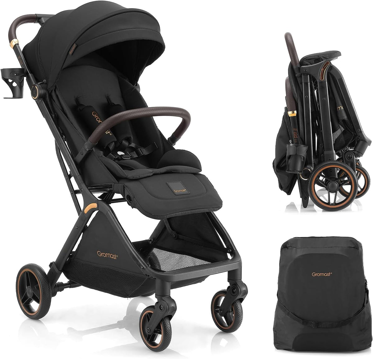 Gromast Gravity Opvouwbare babybuggy met verstelbare rugleuning en zonnedak, lichtgewicht en uv-bescherming, met één hand automatisch inklapbaar, zwart