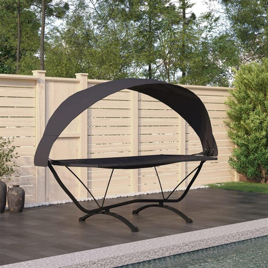 Sunbath, Outdoor Sun Lounger with Sun Canopy, Black, Steel and Oxford Fabric, Outdoor Sun Lounger, Beach Lounger, Relax Chair for Garden, Patio, Balcony, Camping - QUORE