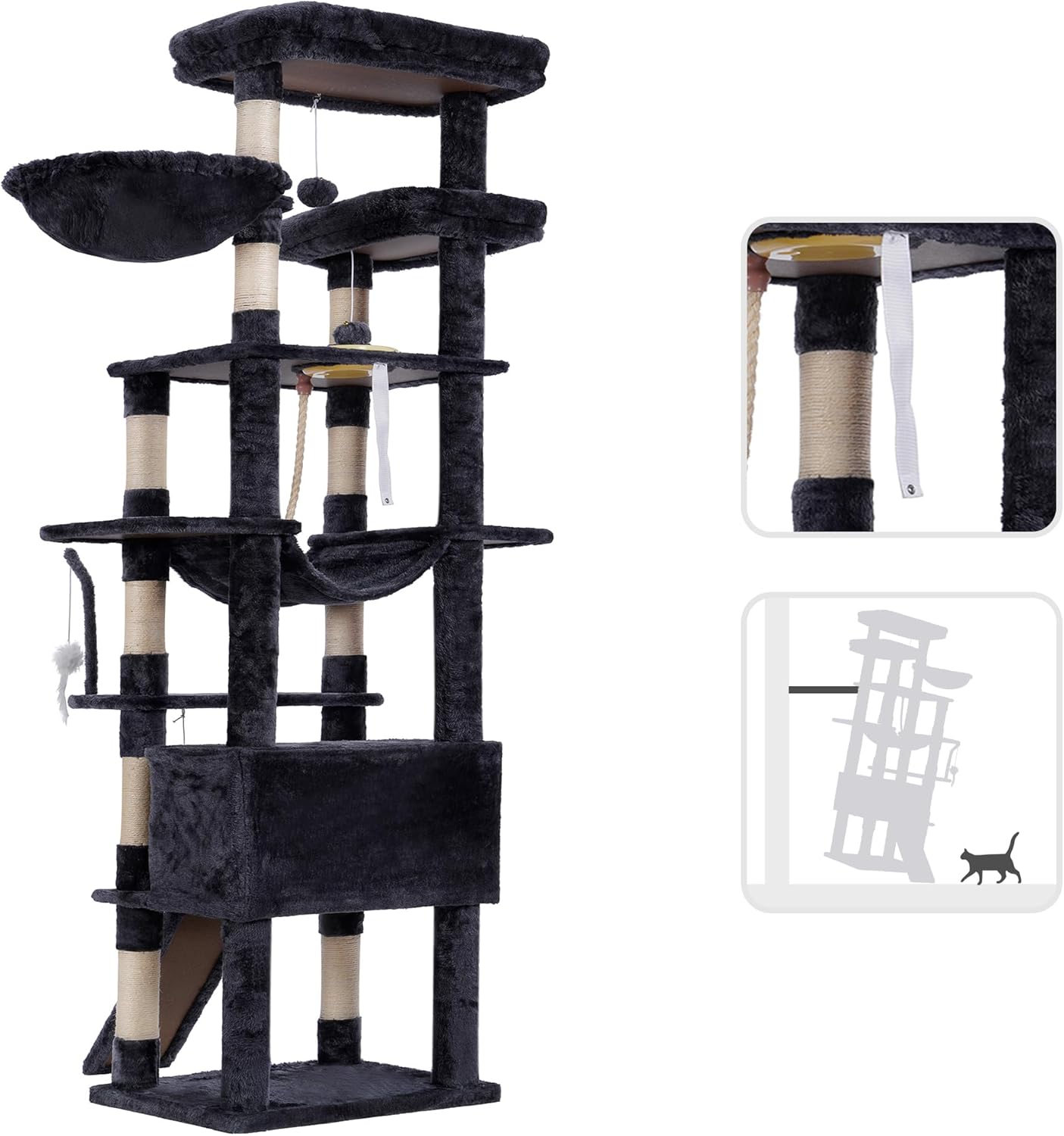 Krabpaal Kat – Krabmeubel – Klimpaal – Kattenboom – Krabton – 200 cm Hoog – XXL Ligplekken & 11 Sisal Krabpalen – Bruin-Beige - QUORE
