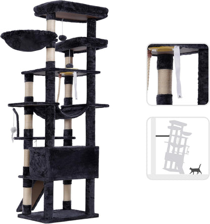 Krabpaal Kat – Krabmeubel – Klimpaal – Kattenboom – Krabton – 200 cm Hoog – XXL Ligplekken & 11 Sisal Krabpalen – Bruin-Beige - QUORE