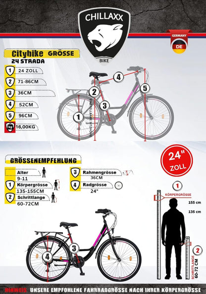 Chillaxx Bike Strada Premium City Bike in 24, 26, 28 inch: een fiets voor meisjes, jongens, dames en heren, met 21 versnellingen, Nederlandse fiets, stadsfiets
