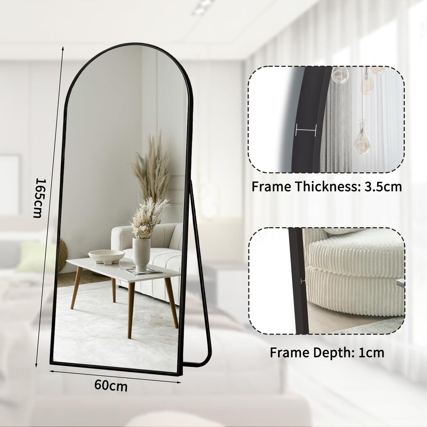 Full body spiegel, 165 x 60 cm boog, staande spiegel van gehard glas, hangend of leunend, grote wandspiegel voor slaapkamer, woonkamer, kleedkamer, zwart