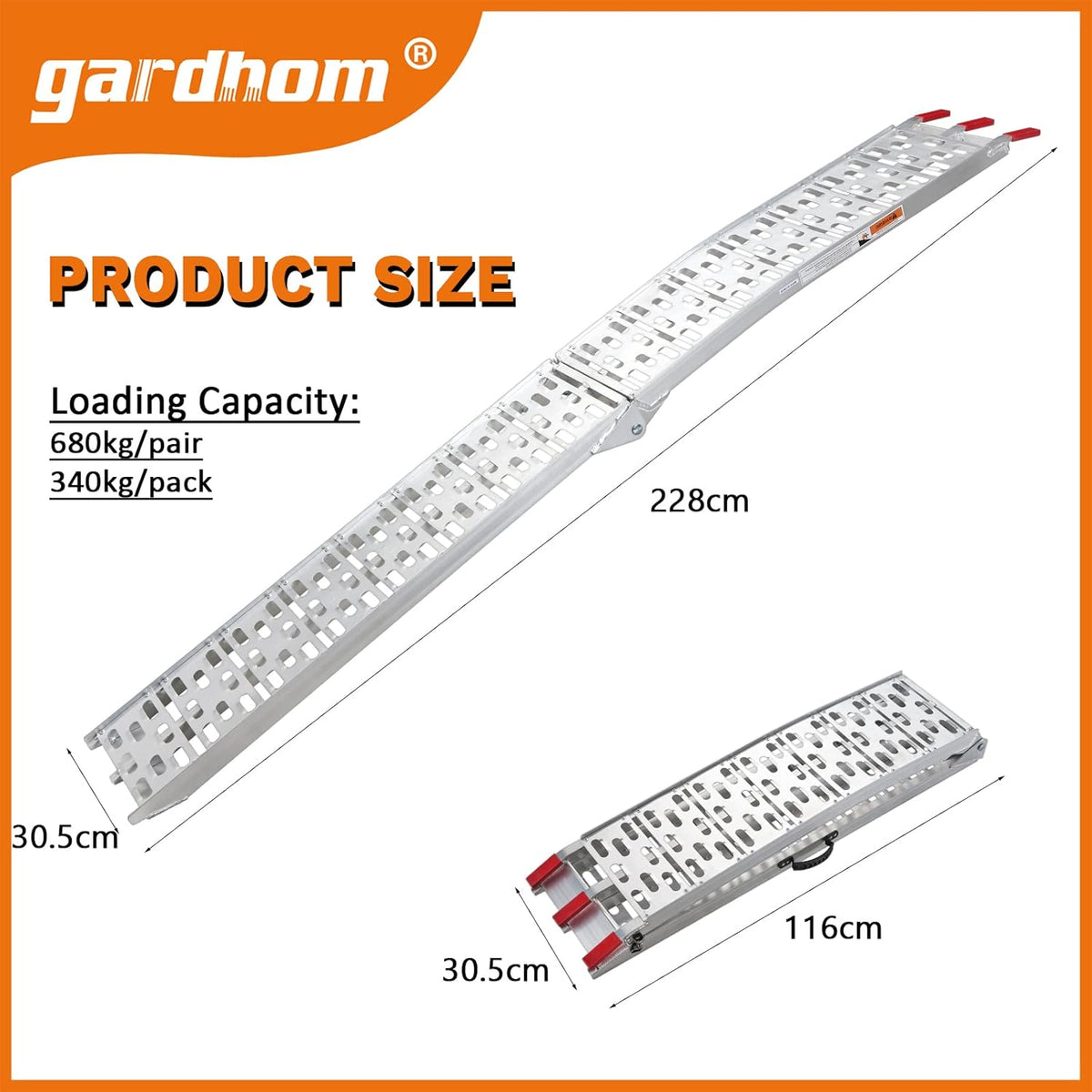 Opvouwbare laadbrug, gardhom 228x30.5cm ATV motorfietsen laadbrug met 680KG/paar laadcapaciteit, draagbare aluminium laadbruggen met rubber getipte vingers voor ATV UTV Trucks