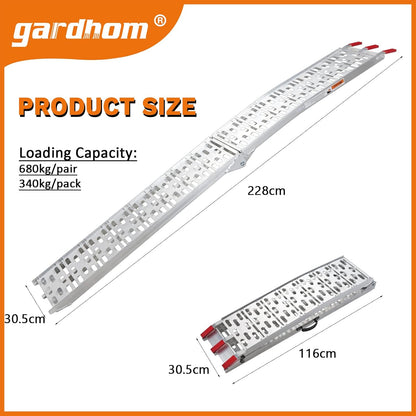 Opvouwbare laadbrug, gardhom 228x30.5cm ATV motorfietsen laadbrug met 680KG/paar laadcapaciteit, draagbare aluminium laadbruggen met rubber getipte vingers voor ATV UTV Trucks