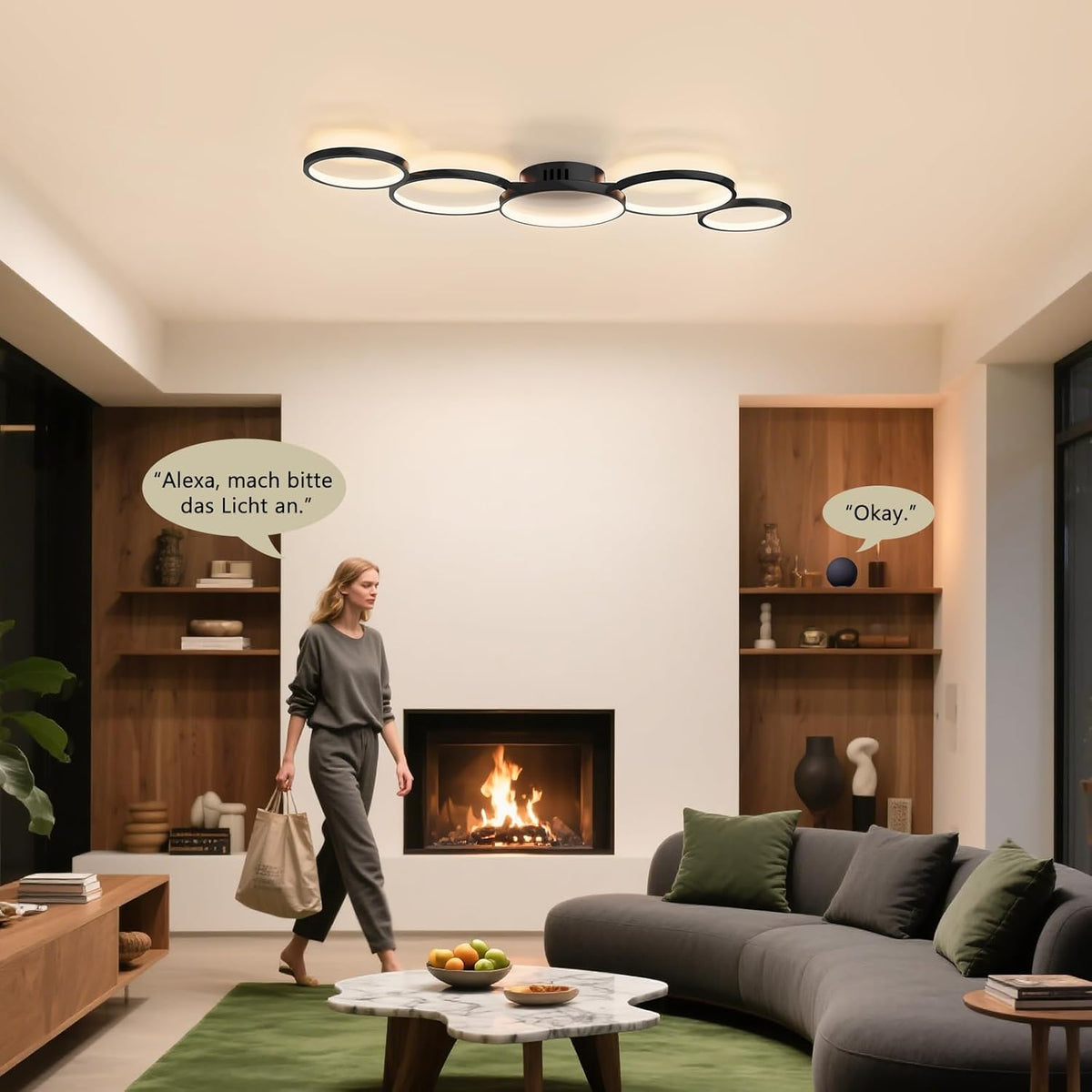 Sky angle Led-plafondlamp met Alexa-app, Google Home, rond, wit, dimbaar, met afstandsbediening, plafondlamp woonkamer, 50 W, 6000 lm, 3000 K-6000 K, voor slaapkamer, 100 cm, zwart, smart