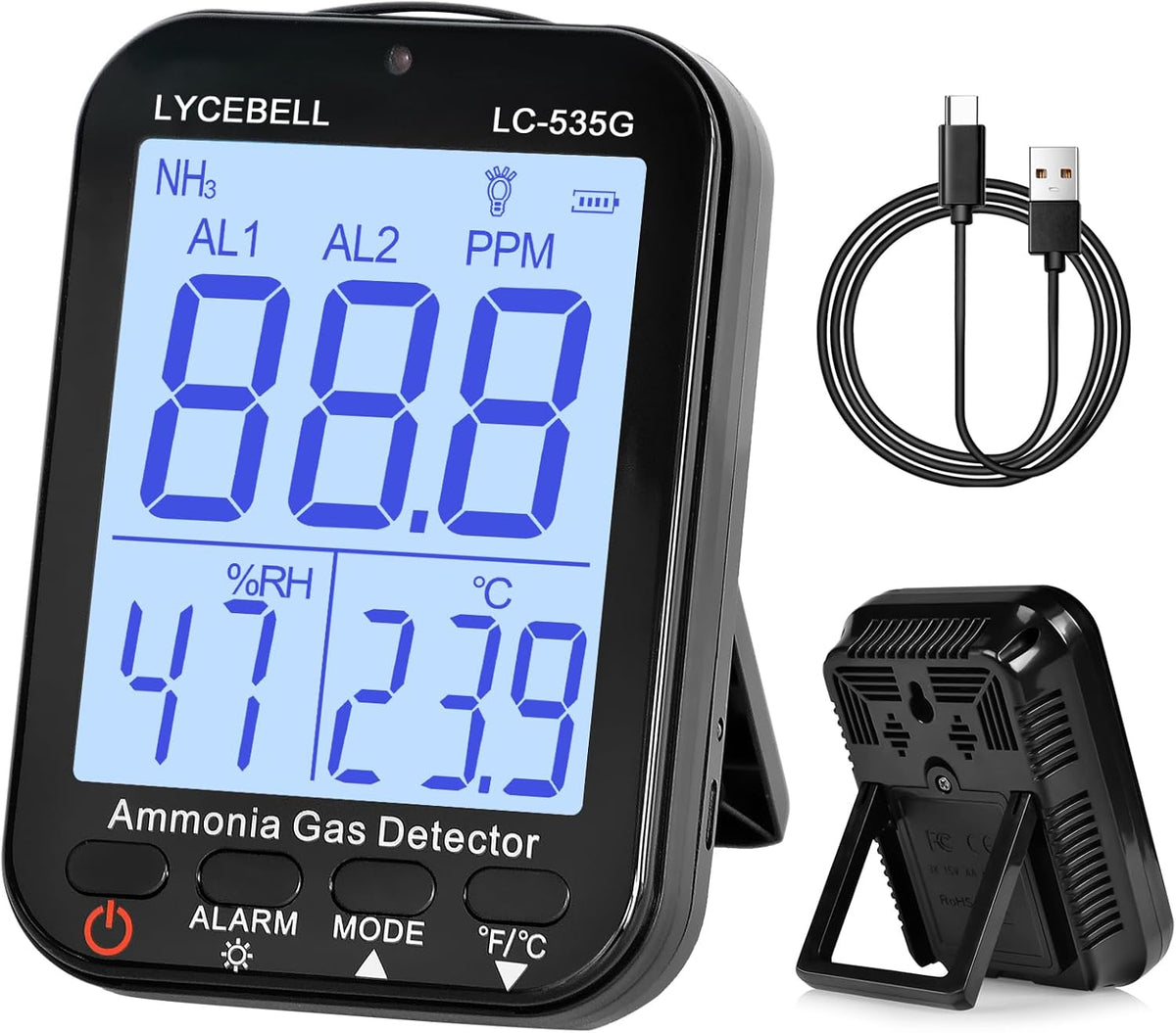 535G Ammoniak-gasdetector, NH3-monitor, 0-100 ppm, met dubbel alarm, oplaadbare draagbare gaslekdetector voor boerderijen, industrie, huis, temperatuur- en vochtigheidsweergave