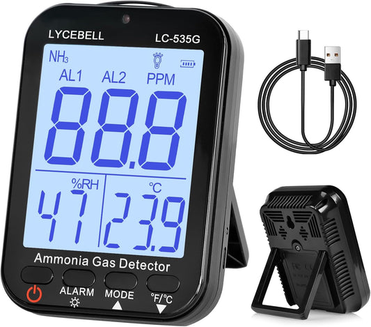 535G Ammoniak-gasdetector, NH3-monitor, 0-100 ppm, met dubbel alarm, oplaadbare draagbare gaslekdetector voor boerderijen, industrie, huis, temperatuur- en vochtigheidsweergave