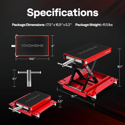 VIVOHOME Motorfietslift Jack Schaarlift 500kg Zware Stalen Brede Dekstandaard Takel met Dolly en Handkruk voor ATV Fietsen Garage Reparatie Rood