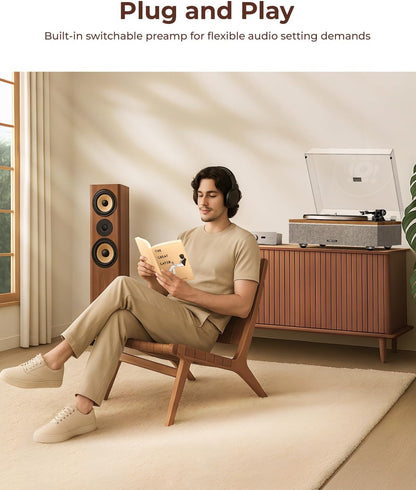 One-S Vinyl Platenspeler met geïntegreerde Luidsprekers en DSP, Bluetooth, Phono-Voorversterker AT-3600L, 33/45 rpm (Walnoot)