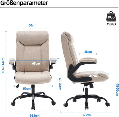 Ergonomische bureaustoel, computerstoel, draaibare werkstoel met opklapbare armleuning, in hoogte verstelbaar, comfortabel voor kantoor, thuis, gaming (beige stof)