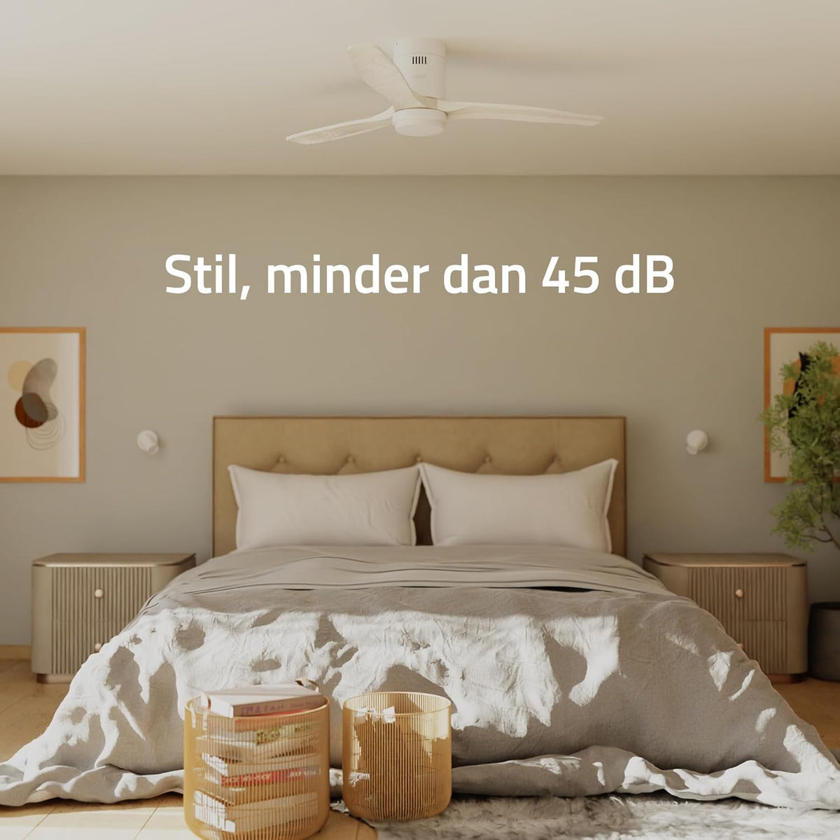 Hombli Smart Plafondventilator met ledlicht, app- en afstandsbediening, wit met houtlook, 132 cm, stil, wifi, voor ruimtes tot 12 m²