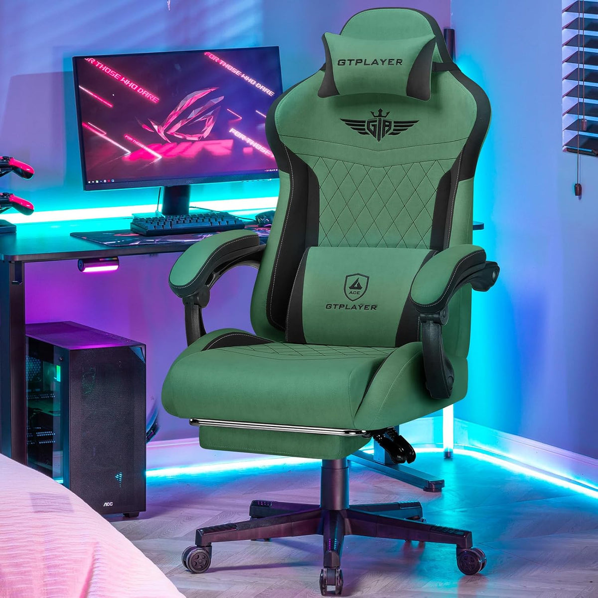 GTPLAYER Ergonomic Gaming Chair, Technical Fabric, with Lumbar Support, Computer Chair with Extended Backrest, Supports up to 150kg, Green - QUORE