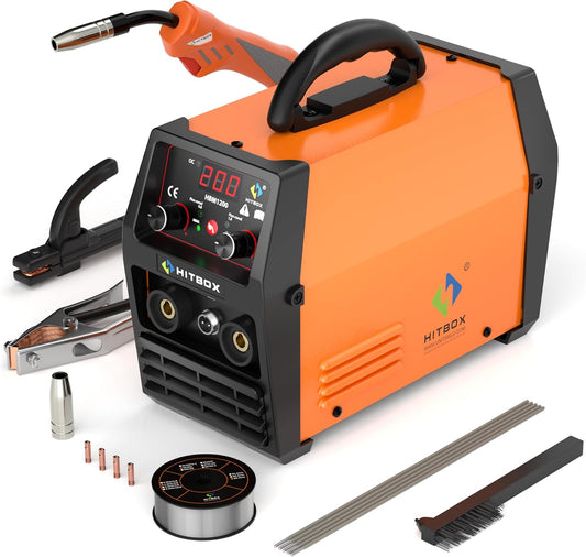HITBOX 200A Gasloze MIG Lasser, 3-in-1 Flux Core Lasser MIG/ARC/Lift TIG, Draagbare 230V IGBT Inverter Lasmachine met Laskap & 0,8mm Draad, Perfect voor Beginners (HBM1200)