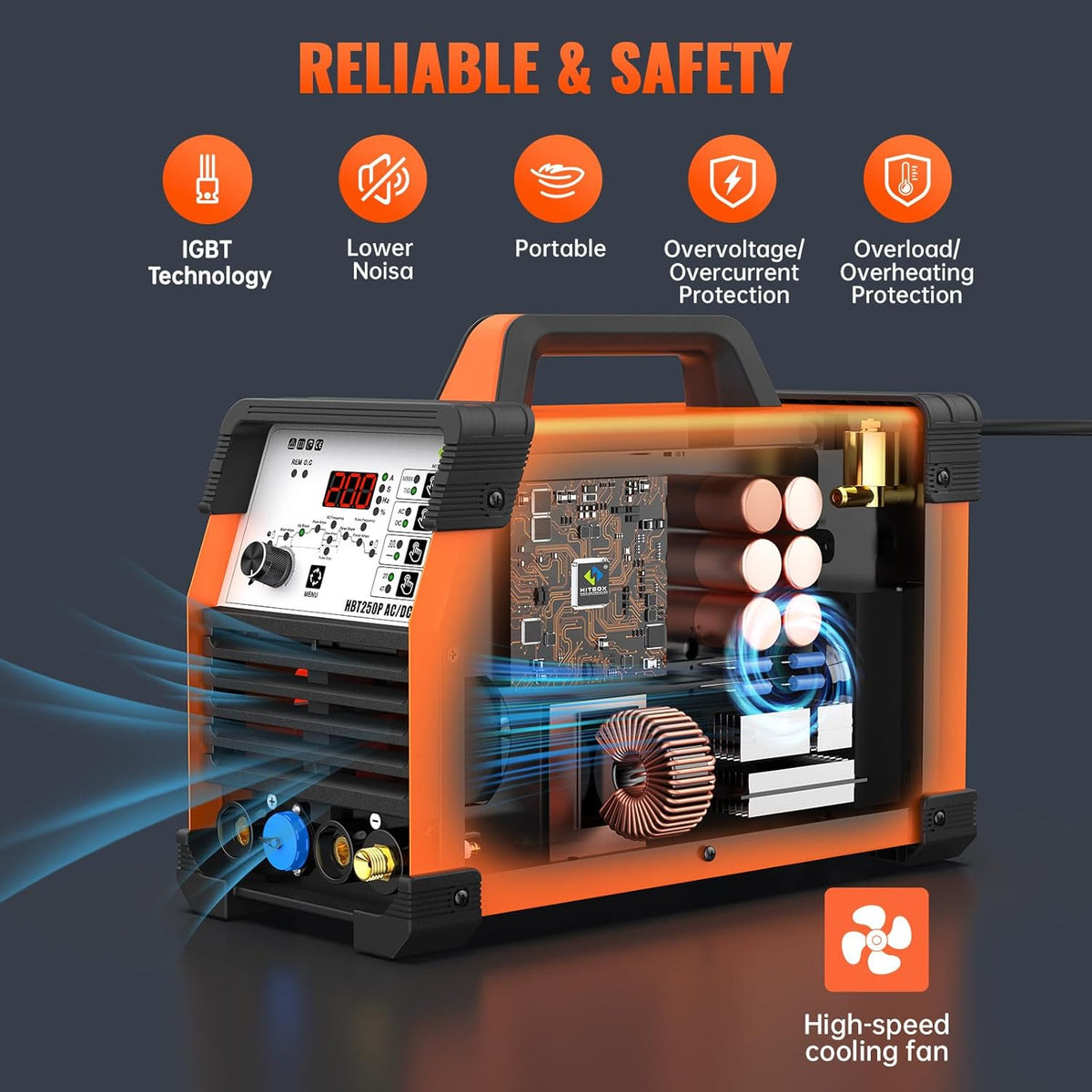 HITBOX 6-in-1 WIG lasapparaat AC/DC, 200 A, pulsfunctie, IGBT invertertechnologie, 2T/4T digitale bediening, nieuwe versie voor aluminium, roestvrij staal en staal (HBT250P AC/DC)