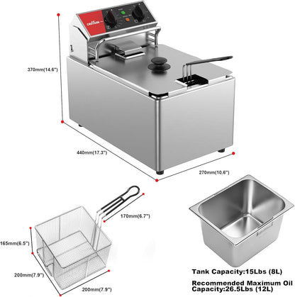 CROSSON Commerciële Roestvrijstalen Elektrische Friteuse,230V/3250W Professionele Elektrische Friteuse 8L met Temperatuurregeling 80-200°C