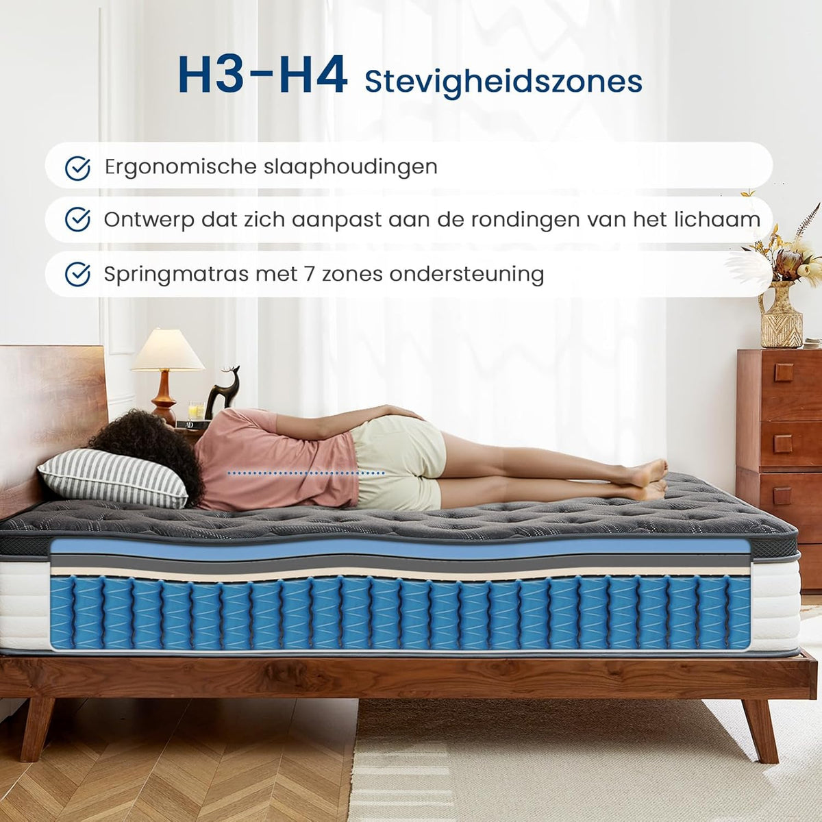 Orthopedisch Matras – Ergonomisch Matras – Pocketvering Matras – Comfortschuimmatras – 160 x 200 cm – 7-Zones Ondersteuning – Oeko-Tex Gecertificeerd – H3-H4 Stevigheid – 25 cm Hoogte