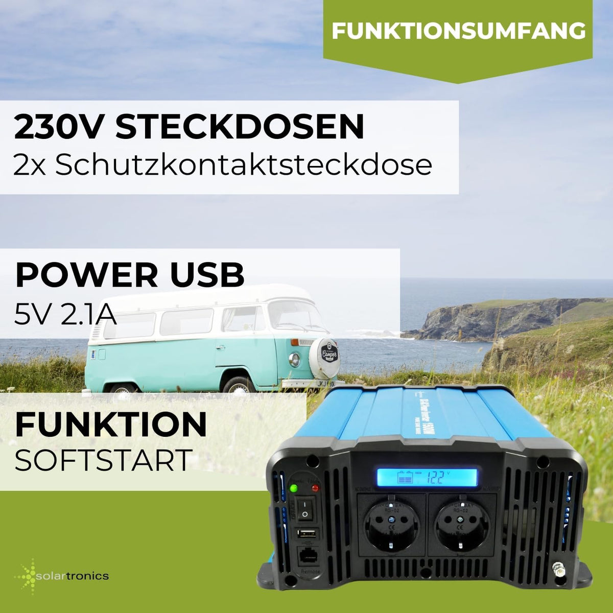 solartronics Spanningsomvormer FS1500D 12V 1500/3000 Watt Pure Sinus BLAUW m. Display FS Serie LiFePO4 / lithium, lood-, gel of AGM-batterij compatibel inverter omvormer