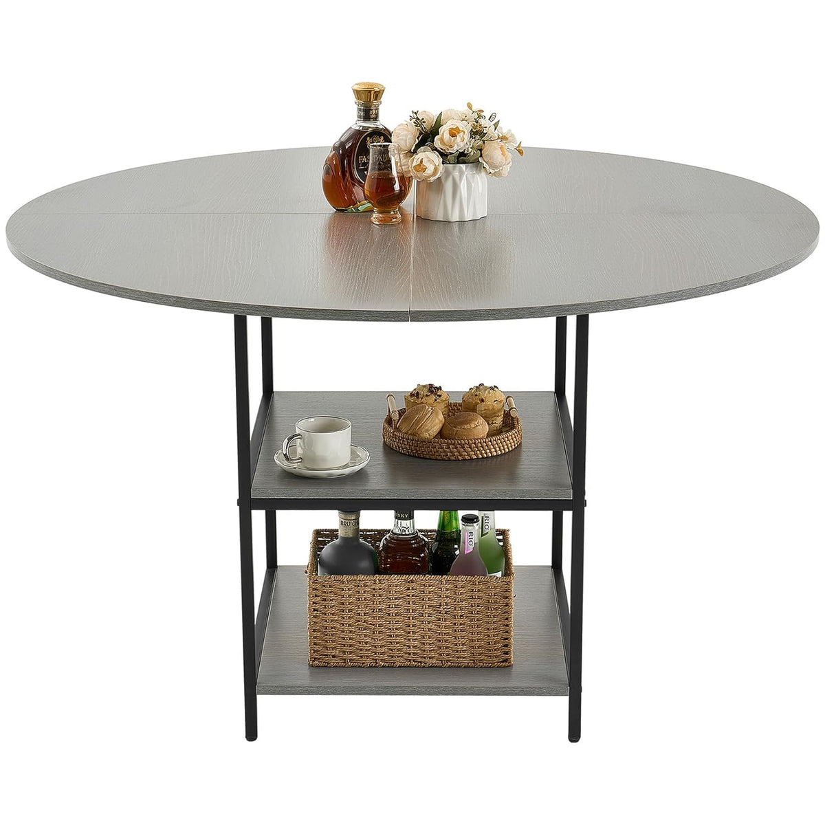 VEVOR Ronde eettafel 1200 mm houten tafel belasting 136,1 kg moderne ronde meubels met plank en metalen poten voor keuken thuis woonkamer grijs alleen tafel