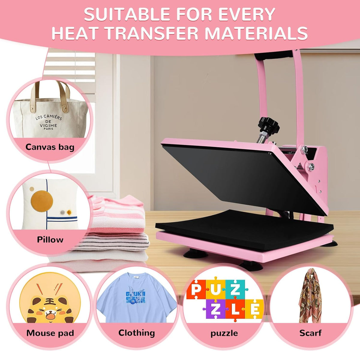 Warmteoverdrachtspers 30 x 23 cm 0-250 °C, roze T-shirt met lcd-temperatuur- en tijdregeling, hittepers voor muismatten, tassen