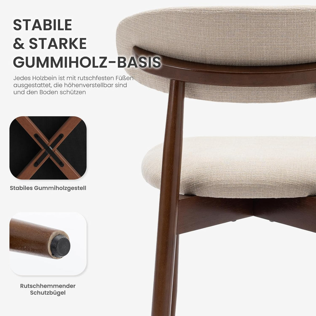 COLAMY Keukenstoel, eetkamerstoelen, set van 2, moderne gestoffeerde stoel, eetstoelen met vaste rugleuning, stoffen eetkamerstoel met houten poten, voor eetkamer, keuken, restaurant, beige
