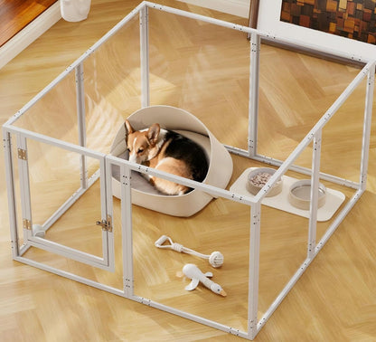 Doorzichtige acryl hondenspeelbox voor binnen - 130 cm 10 panelen huisdierbox voor kleine honden en katten, buitengebruik met deur, eenvoudig te monteren en schoon te maken (wit-08, 23 inch, 8 panelen