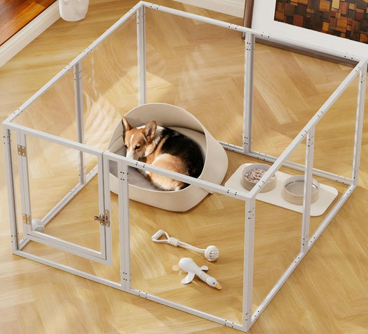 Doorzichtige acryl hondenspeelbox voor binnen - 130 cm 10 panelen huisdierbox voor kleine honden en katten, buitengebruik met deur, eenvoudig te monteren en schoon te maken (wit-08, 23 inch, 8 panelen