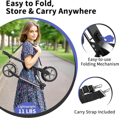 BELEEV V10 Big Wheel Scooter voor kinderen vanaf 6 jaar, met oplichtend dek, opvouwbare scooter met 2 wielen voor volwassenen en tieners, 5 verstelbare hoogte, lichtgewicht sport forenzen scooter met