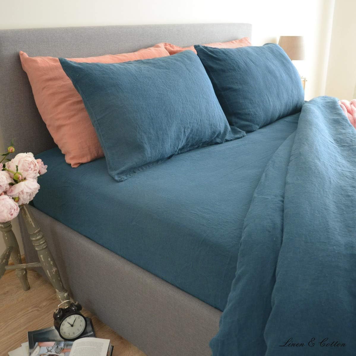 Linen & Cotton Zacht Gezellig Hoeslaken met Elastische Band Alicia - 100% Gewassen Linnen, Petrol Blauw (90 x 190 cm) Beddengoed Beddenlaken Laken Single Twin Eenpersoons Bed Hoge Matras Winter Zomer