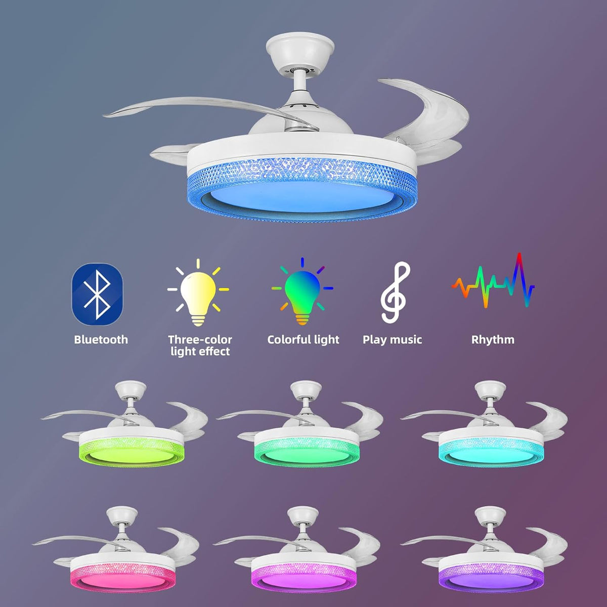 Horevo Plafondventilator met LED-verlichting Intrekbare plafondventilator met afstandsbediening, 42-inch onzichtbare bladen verborgen ventilator, ingebouwde dimbare plafondlamp en Bluetooth-luidspreker voor slaapkamer Woonkamer Eetkamer