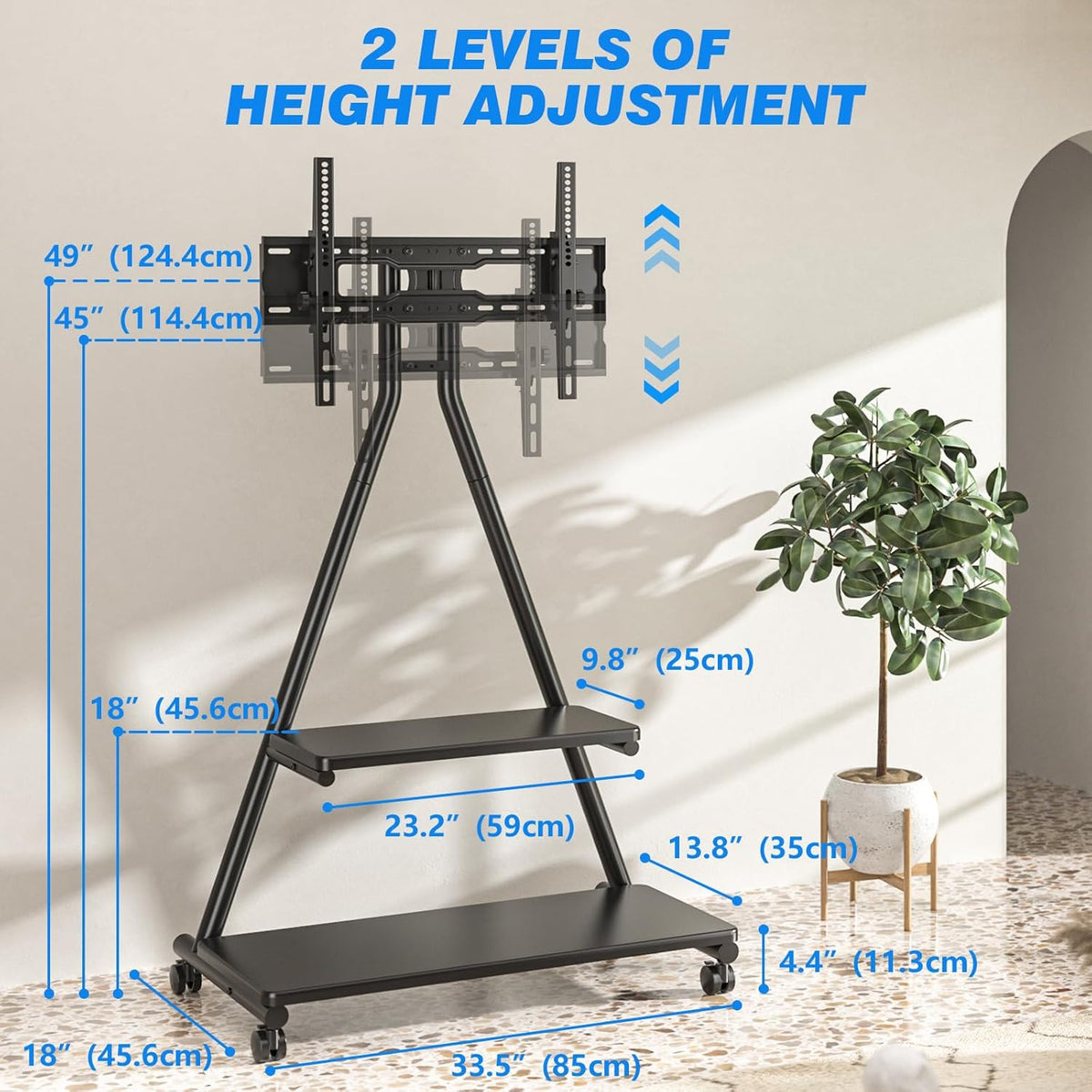 TVON Mobiele tv-standaard voor tv's van 43-80 inch tot 68 kg met planken (max. VESA 600 x 400 mm, in hoogte verstelbaar op wielen)
