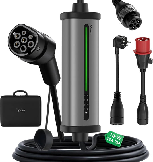 GONEO Mobile Wallbox 11 kW laadstation, 3-fasig, 8-16 A instelbaar, met timer 2-8 uur, oplaadkabel type 2 naar CEE-stekker en Schuko stekker (7 m), IP66 bescherming, EV oplader voor model Y/3 en