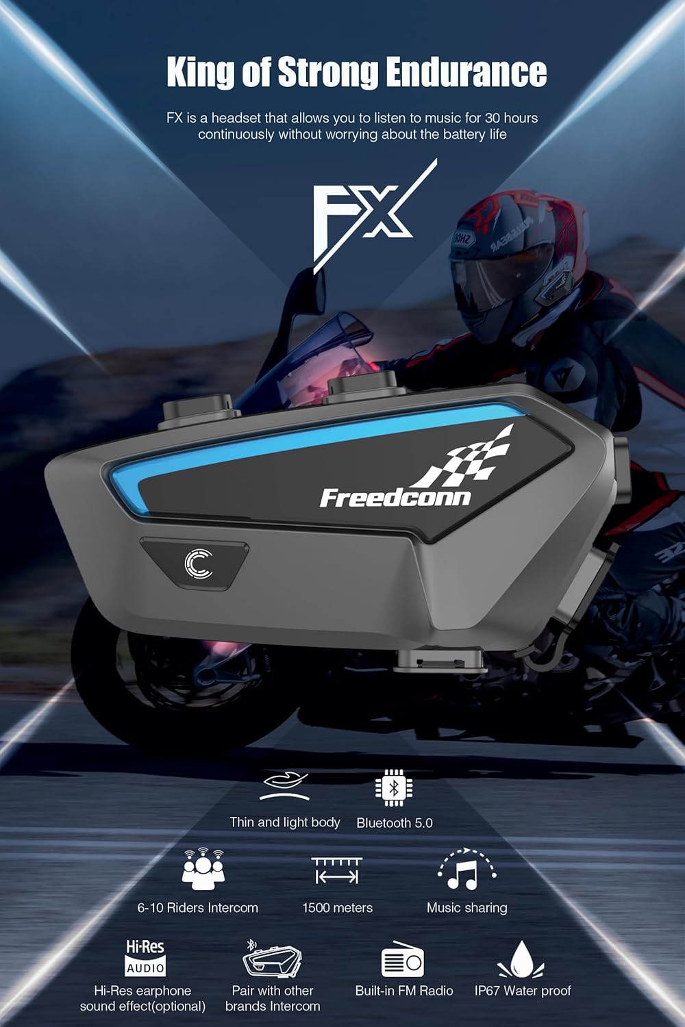 FreedConn 2 stuks FX motorhelm Bluetooth headset, 2-10 rijders motorfiets intercom, ultradun communicatiesysteem met ruisonderdrukking, IP67 waterdicht, muziek delen