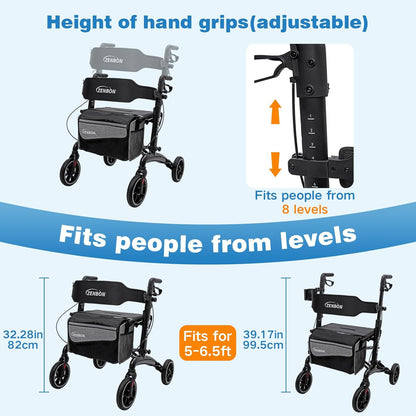 Rollator Opvouwbaar en Licht met Zitting: Rollator Carbon Gemakkelijk Inklapbaar voor kofferbak Reizen - Rollatoren voor senioren Lichtgewicht Smal voor Thuis Binnen Buiten (zwart)