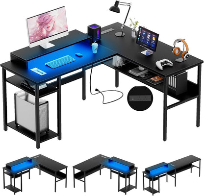 L-vormig bureau, gamingbureau met LED-verlichting, omkeerbaar computerbureau met opbergplanken, hoektafel met monitorstandaard voor thuis, kantoor, zwart