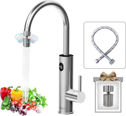 Waterkraan met doorstroomboiler, 220 V, elektrische waterkraan, 360 graden roteren en digitaal display, warmwaterkraan met universeel mondstuk, zilver