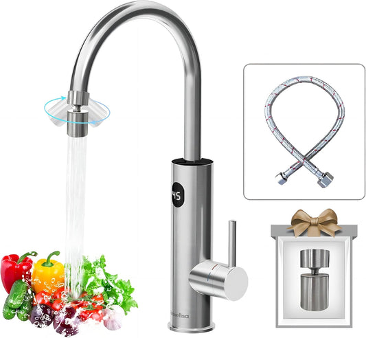Waterkraan met doorstroomboiler, 220 V, elektrische waterkraan, 360 graden roteren en digitaal display, warmwaterkraan met universeel mondstuk, zilver
