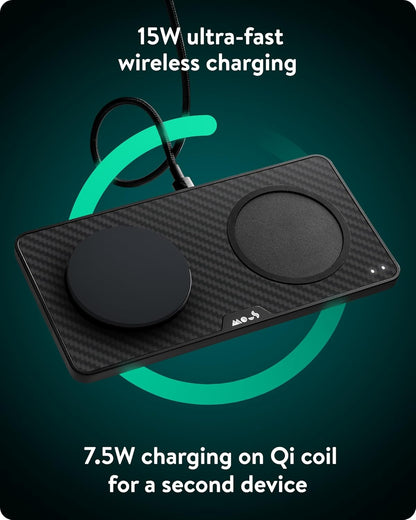 Mous - Dual Charging Station met Qi2 tot 15W snel opladen - MagSafe oplader compatibel met iPhone 16/15/14/13/12 serie en Airpods - USB-C kabel - Aramide Fibre
