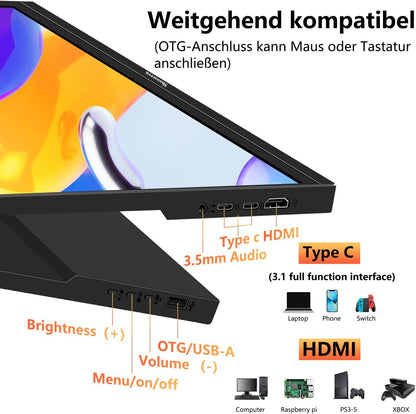 16 Inch Portable Monitor, Full HD Display, 1920 x 1200p, 300cd/Brightness, IPS 60Hz LCD Panel, 100% RGB, Built-in Speaker, Portable HDMI USB C Monitor for PC, Laptop - QUORE
