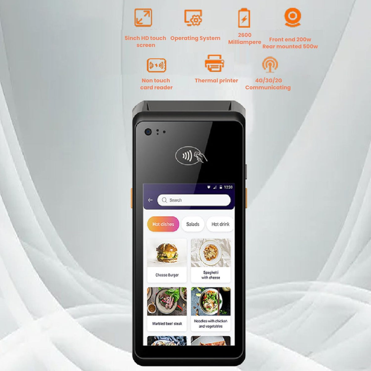 POS kassabonprinter, 5-inch scherm 4G Wifi 1D 2D QR NFC Handheld PDA Printer 5.0MP autofocus camera achteraan Naadloze connectiviteit 58 mm Thermische printer Voor kleine bedrijven