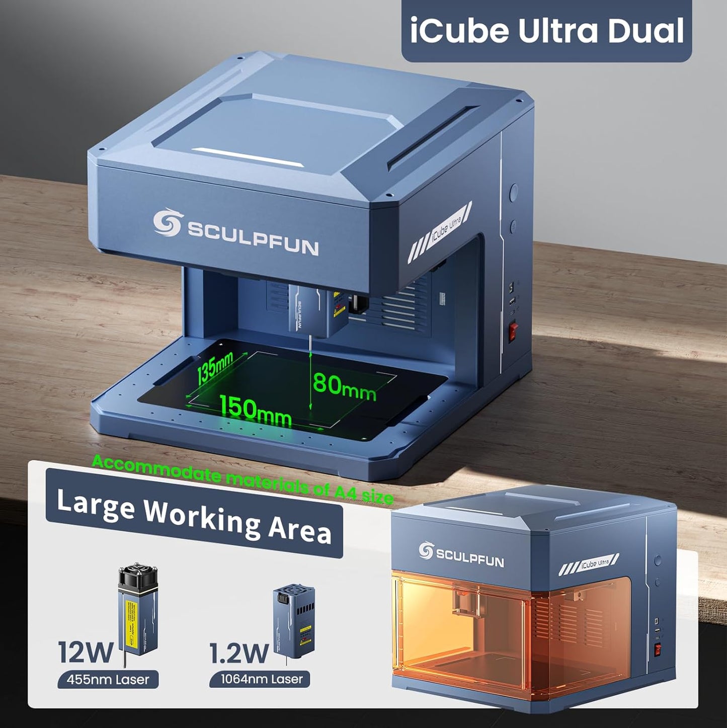 Lasergraveermachine – Lasergraveerder – Graveermachine – Graveerapparaat – Lasersnijder – Volledig Gesloten Behuizing – 12 W Diodelaser + 1,2 W Infraroodlaser
